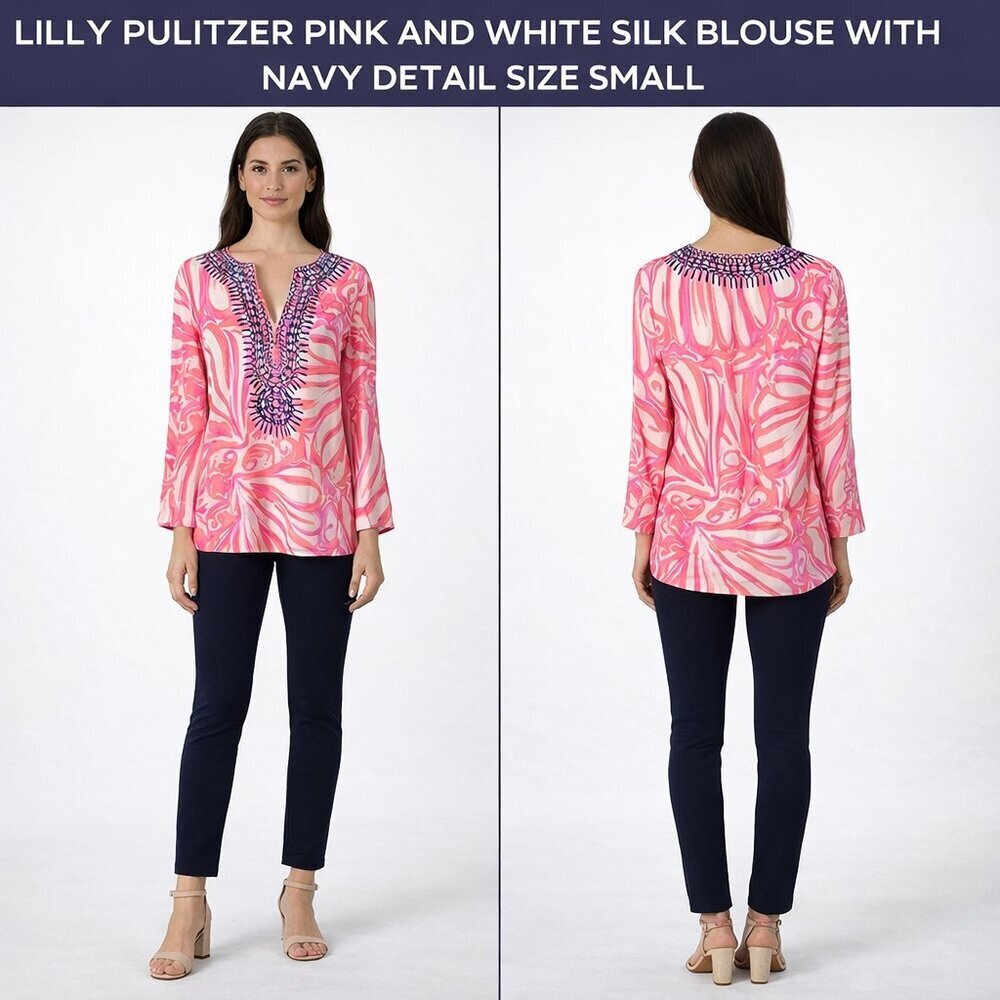 Lilly Pulitzer Pink and White Silk Blouse with Navy Detail Size Small